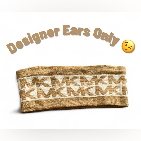🍂 Michael Kors Logo Knit Headband Brown Beige Camel MK Monogram Winter EUC - Picture 1 of 5